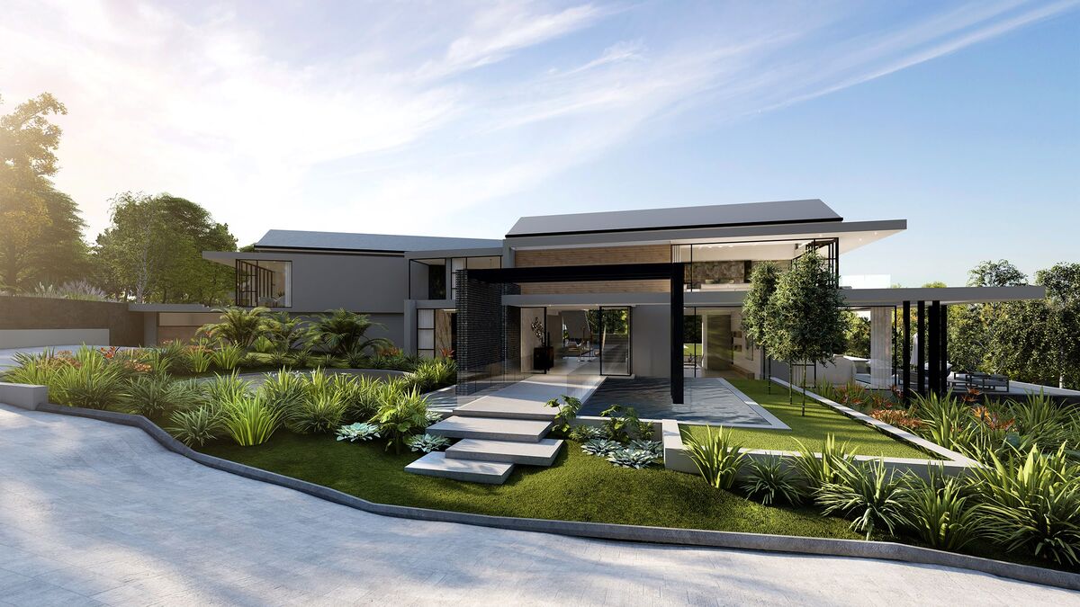 Contemporary single-storey house with landscaped garden and stepping-stone entrance, architectural 3D render
